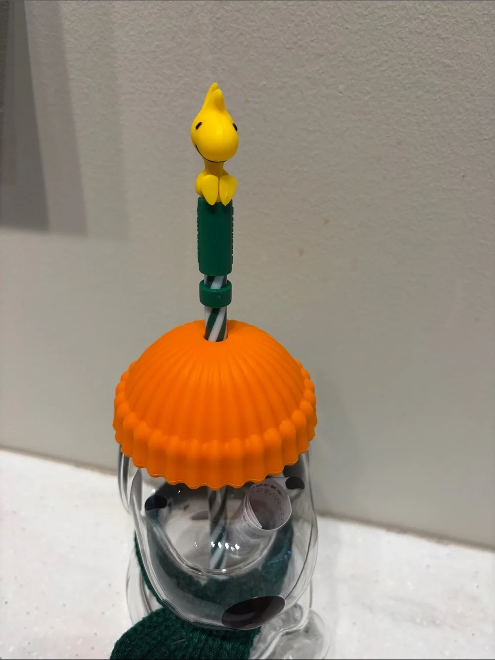 Starbucks Clear Snowman Cup with Orange Hat and Green Scarf